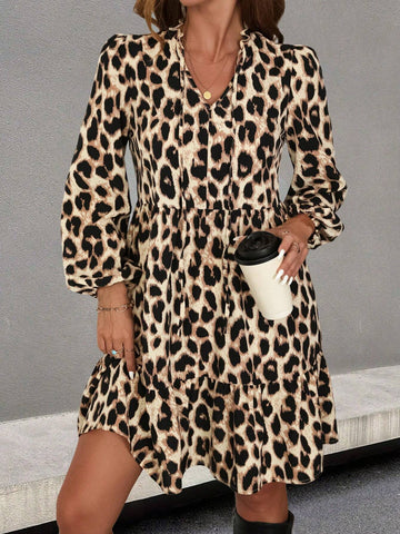 Urban Chic Animal Print V-Neck Lantern Sleeve Loose Casual Mini Skirt, Autumn/Winter