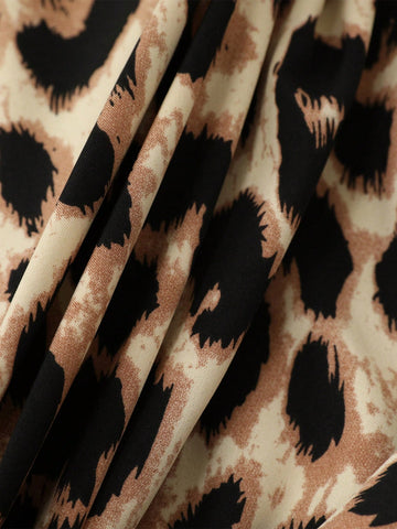 Urban Chic Animal Print V-Neck Lantern Sleeve Loose Casual Mini Skirt, Autumn/Winter