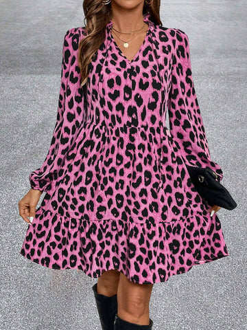 Urban Chic Animal Print Woven Tie V-Neck Lantern Sleeve Loose Regular Fall/Winter Women Mini