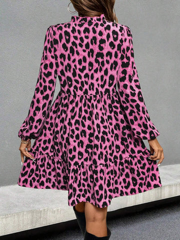 Urban Chic Animal Print Woven Tie V-Neck Lantern Sleeve Loose Regular Fall/Winter Women Mini