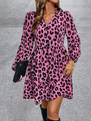 Urban Chic Animal Print Woven Tie V-Neck Lantern Sleeve Loose Regular Fall/Winter Women Mini