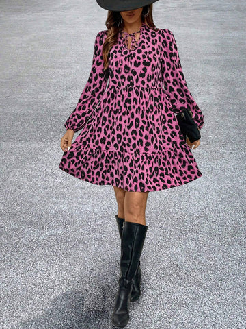 Urban Chic Animal Print Woven Tie V-Neck Lantern Sleeve Loose Regular Fall/Winter Women Mini