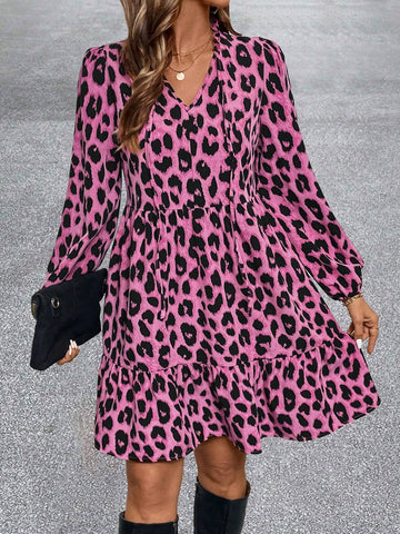 Urban Chic Animal Print Woven Tie V-Neck Lantern Sleeve Loose Regular Fall/Winter Women Mini