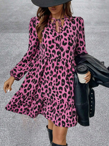 Urban Chic Animal Print Woven Tie V-Neck Lantern Sleeve Loose Regular Fall/Winter Women Mini