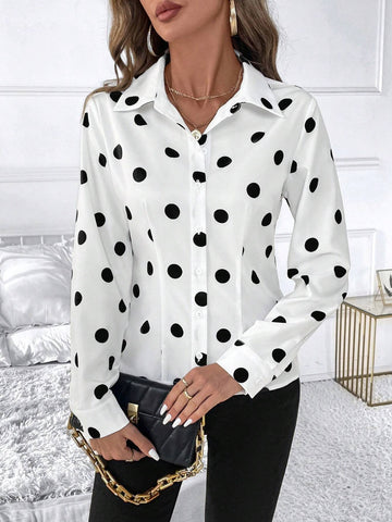 Clasi Urban Elegance Women's Black&White Polka Dot Slim Fit Waist Shirt