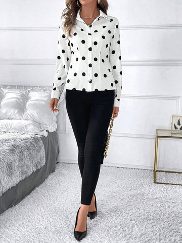 Clasi Urban Elegance Women's Black&White Polka Dot Slim Fit Waist Shirt
