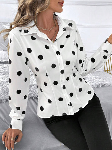 Clasi Urban Elegance Women's Black&White Polka Dot Slim Fit Waist Shirt