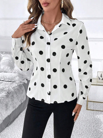 Clasi Urban Elegance Women's Black&White Polka Dot Slim Fit Waist Shirt