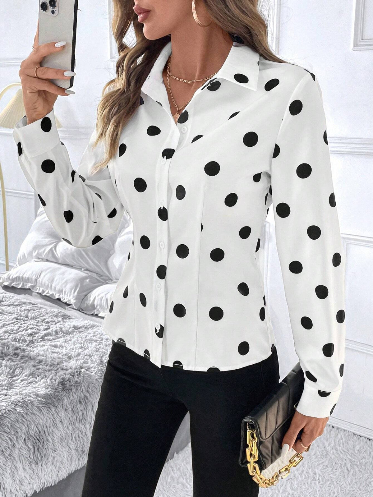 Clasi Urban Elegance Women's Black&White Polka Dot Slim Fit Waist Shirt