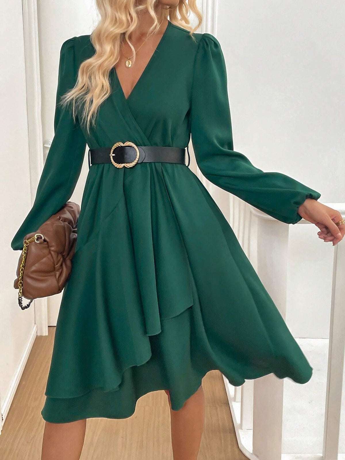 V-Neck Cross Wrap Elegant Long Sleeve Solid Color Dress