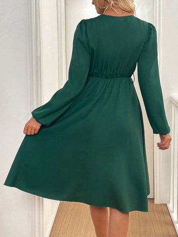 V-Neck Cross Wrap Elegant Long Sleeve Solid Color Dress
