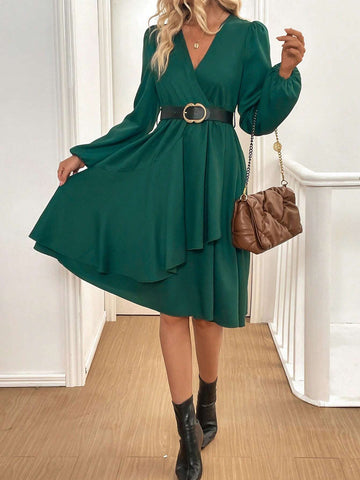 V-Neck Cross Wrap Elegant Long Sleeve Solid Color Dress