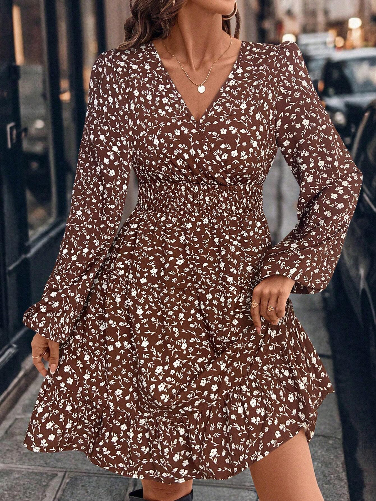 V-Neck Ditsy Floral Tiered Long Sleeve Dress For Women