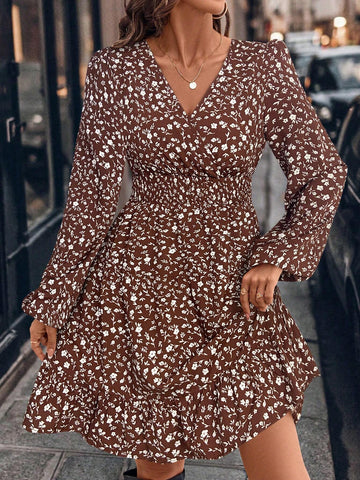 V-Neck Ditsy Floral Tiered Long Sleeve Dress For Women