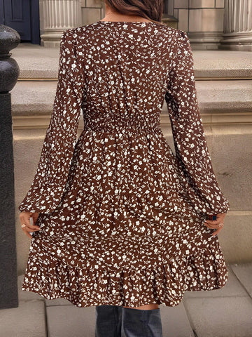 V-Neck Ditsy Floral Tiered Long Sleeve Dress For Women