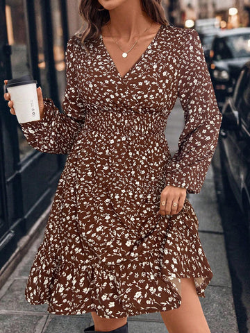 V-Neck Ditsy Floral Tiered Long Sleeve Dress For Women
