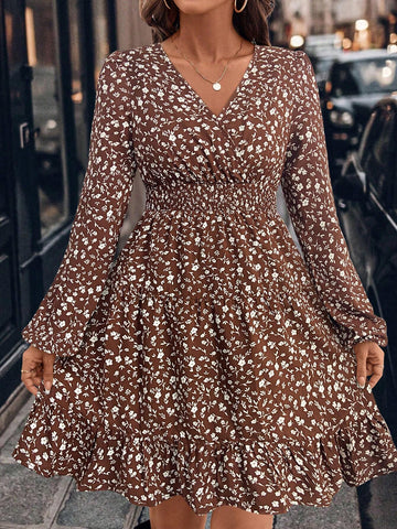 V-Neck Ditsy Floral Tiered Long Sleeve Dress For Women