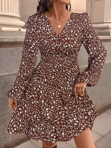 V-Neck Ditsy Floral Tiered Long Sleeve Dress For Women