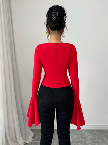 Clasi V-Neck Exaggerated Flared Sleeve Women Blouse,