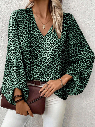 Clasi V-Neck Lantern Sleeve Women Leopard Printed Casual Blouse