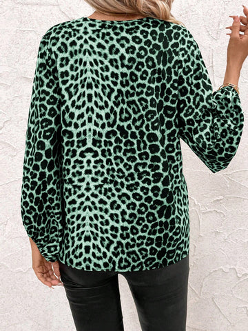 Clasi V-Neck Lantern Sleeve Women Leopard Printed Casual Blouse