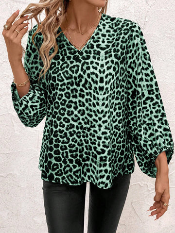 Clasi V-Neck Lantern Sleeve Women Leopard Printed Casual Blouse
