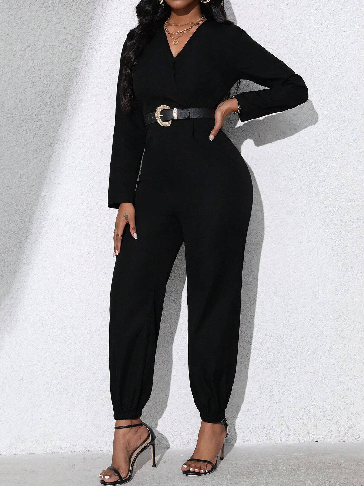 V-Neck Long Sleeve Cinched Waist Casual Women Jumpsuit