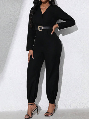 V-Neck Long Sleeve Cinched Waist Casual Women Jumpsuit