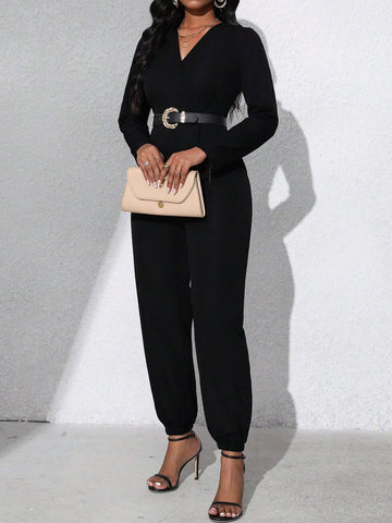V-Neck Long Sleeve Cinched Waist Casual Women Jumpsuit