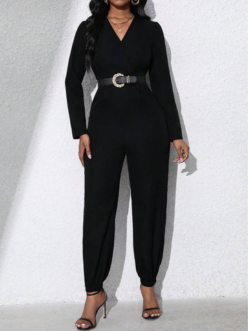 V-Neck Long Sleeve Cinched Waist Casual Women Jumpsuit