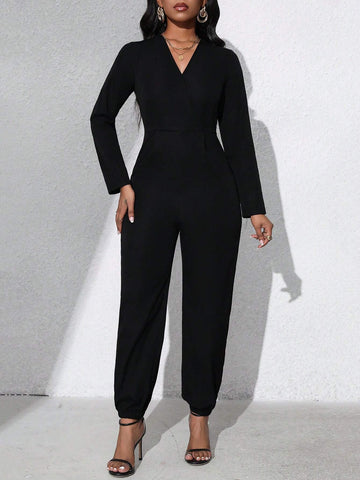 V-Neck Long Sleeve Cinched Waist Casual Women Jumpsuit