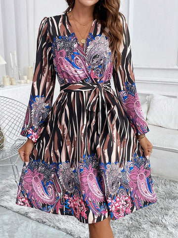 V-Neck Patterned Midi Dress, Autumn