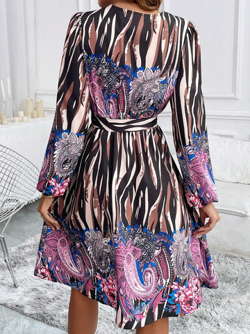 V-Neck Patterned Midi Dress, Autumn