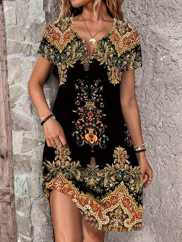 V-Neck Printed Shift Dress, Retro Print Waisted Casual Dress