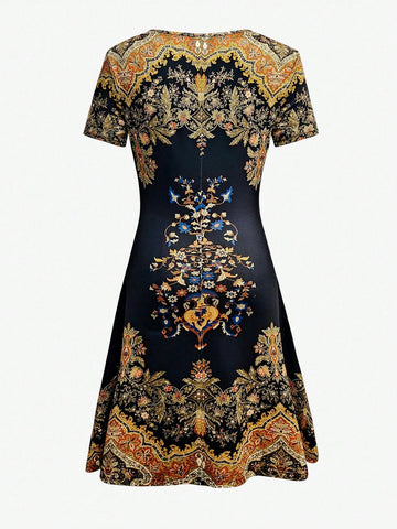 V-Neck Printed Shift Dress, Retro Print Waisted Casual Dress