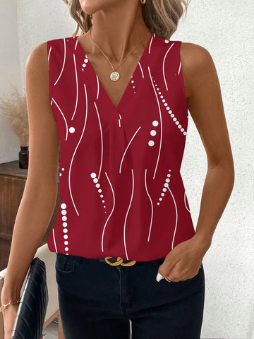 Clasi V-Neck Striped & Polka Dot Pattern Casual Tank Top For Women,