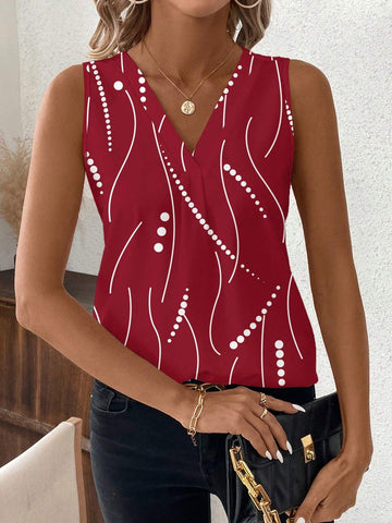 Clasi V-Neck Striped & Polka Dot Pattern Casual Tank Top For Women,