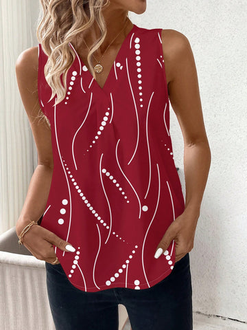 Clasi V-Neck Striped & Polka Dot Pattern Casual Tank Top For Women,