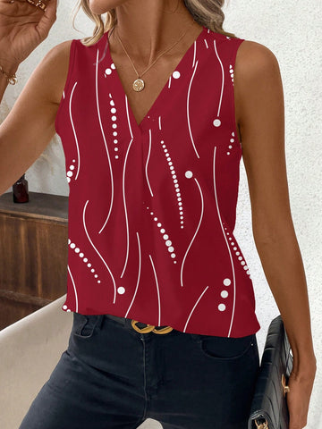 Clasi V-Neck Striped & Polka Dot Pattern Casual Tank Top For Women,