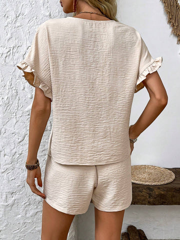 Vacation And Leisure Color Collision Lace Patchwork Short Sleeve Shirt And Shorts Two-Piece Set