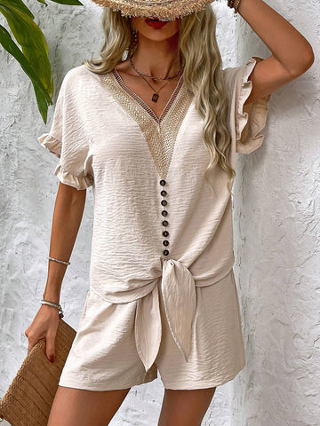 Vacation And Leisure Color Collision Lace Patchwork Short Sleeve Shirt And Shorts Two-Piece Set
