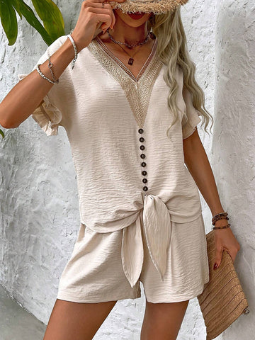Vacation And Leisure Color Collision Lace Patchwork Short Sleeve Shirt And Shorts Two-Piece Set
