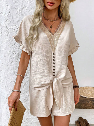 Vacation And Leisure Color Collision Lace Patchwork Short Sleeve Shirt And Shorts Two-Piece Set