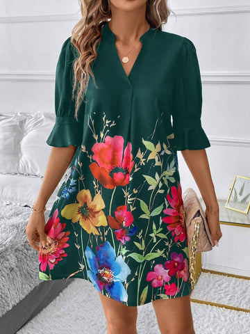 Vacation Casual Floral Print Notched Neck Ruffle Sleeve Dress