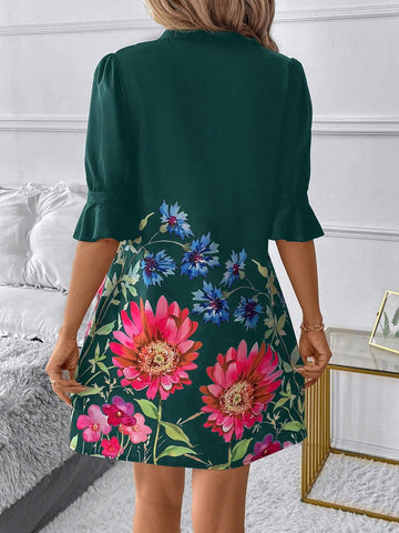 Vacation Casual Floral Print Notched Neck Ruffle Sleeve Dress