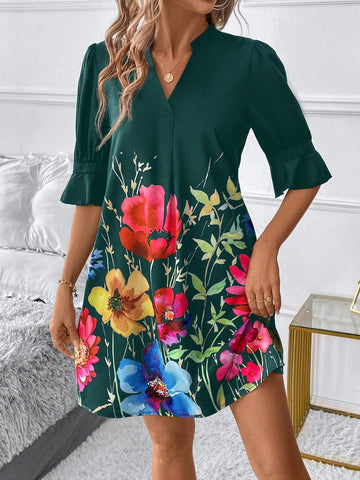 Vacation Casual Floral Print Notched Neck Ruffle Sleeve Dress