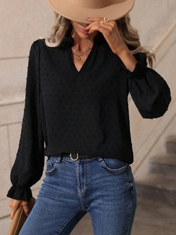 Clasi Vacation Casual Plain Texture Keyhole Neckline Blouse