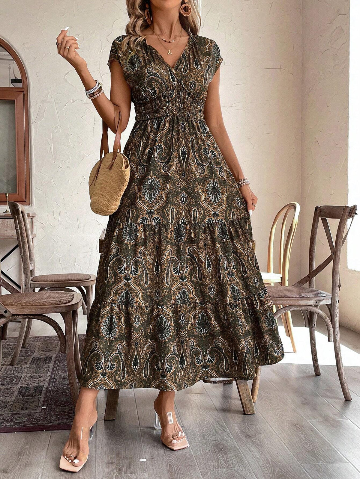 Vacation Leisure Full Allover Print High Waist Multi-Layered Spliced Dress
