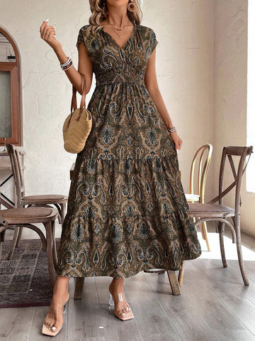 Vacation Leisure Full Allover Print High Waist Multi-Layered Spliced Dress