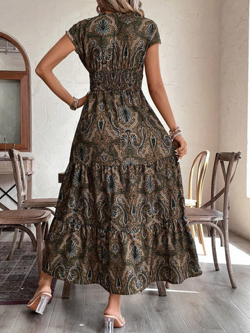 Vacation Leisure Full Allover Print High Waist Multi-Layered Spliced Dress